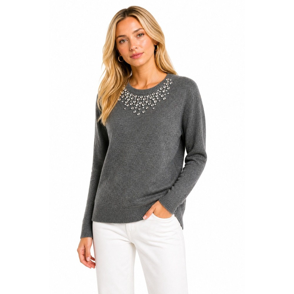 Kate Spade Women Sweater S Gray‎ Wool Cashmere Embellished Neckline Beaded Glam